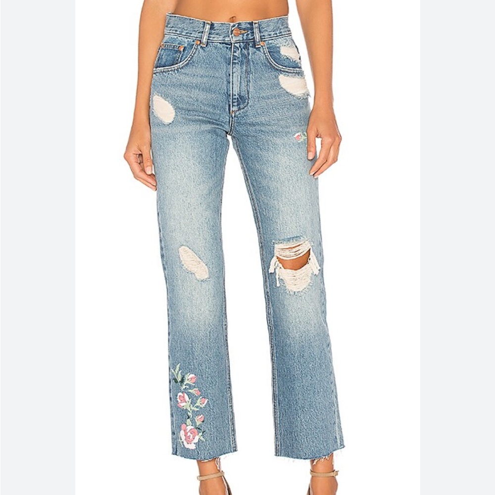 Anine Bing Blue Distressed Embroidered Jeans with Floral Detail